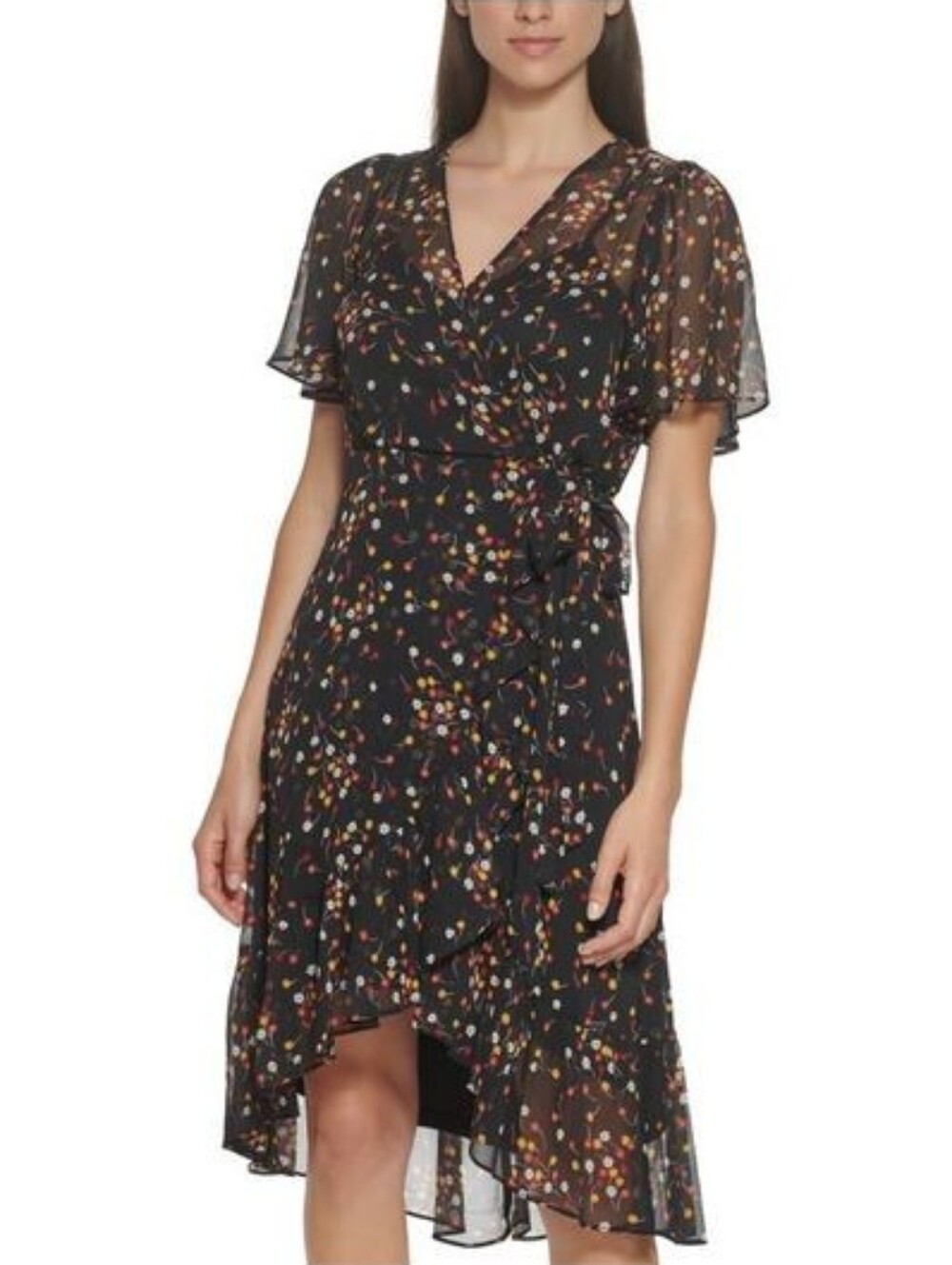 Calvin Klein Faux Wrap Dress Flutter Sleeve Size 4 Black Floral Fully Lined